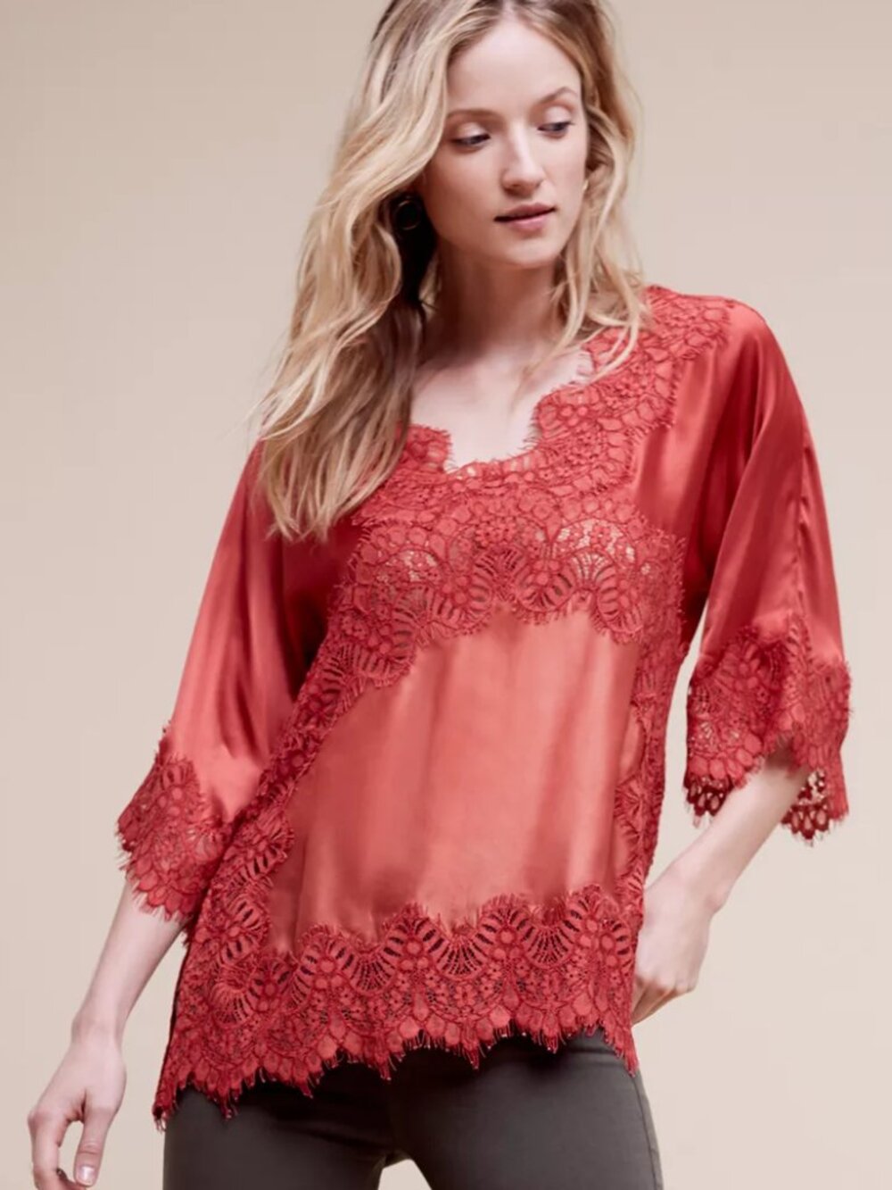 NWT Moulinette Soeurs Anthropologie dark orange satin Bell-Sleeve Lace Blouse